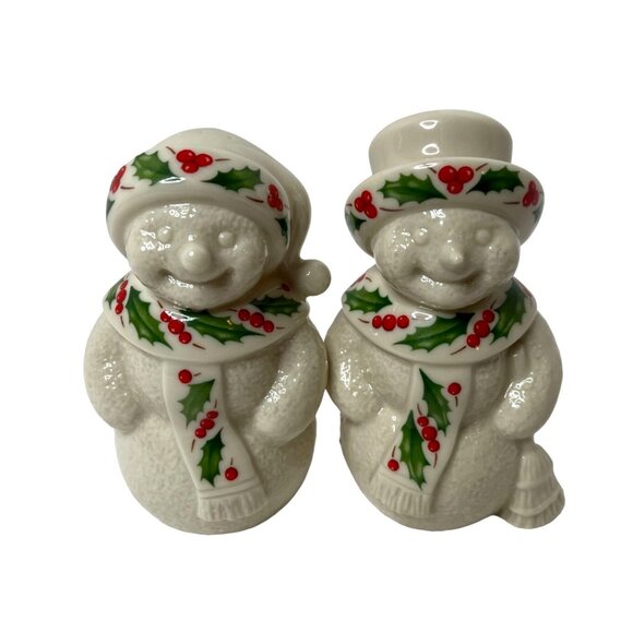 Vintage 90s Lenox Holiday Snowman Salt & Pepper Porcelain Shakers - Picture 1 of 6